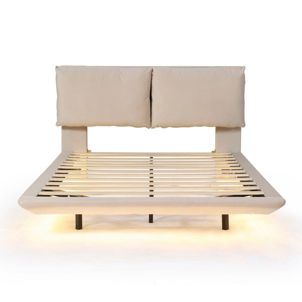Queen Size Upholstered Platform Bed With Sensor Light And 2 Large Backrests, With 2 Sets Of USB Port And Socket On Each Rear Bed Leg - Beige