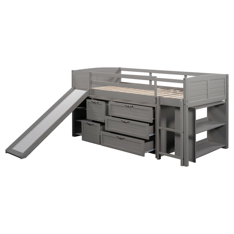 Loft Low Bed With Cabinets, Shelves And Slide
