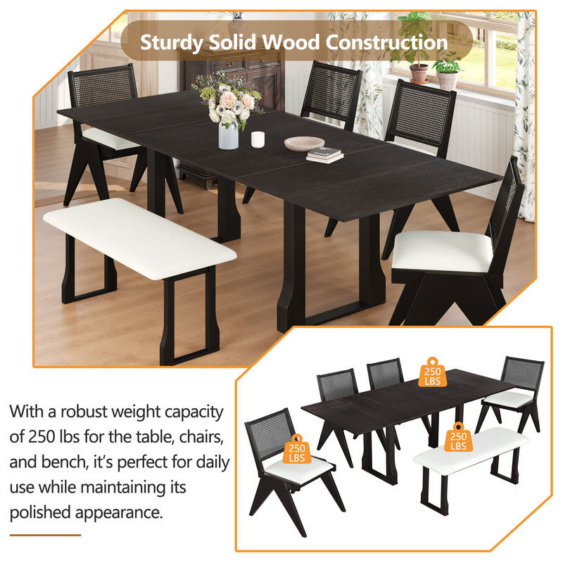 6 Piece Extendable Dining Table Set With 4 Wicker Back Upholstered Dining Chairs And Long Bench, 2 Removable Leaf