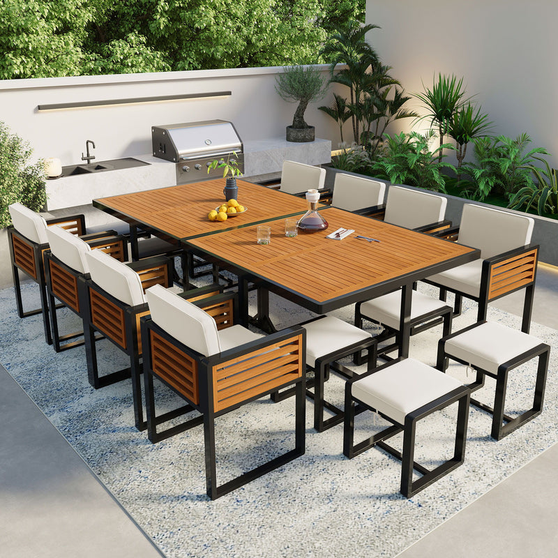 Acacia Wood Patio Dining Set, Cushioned Chairs & Ottomans Square Table