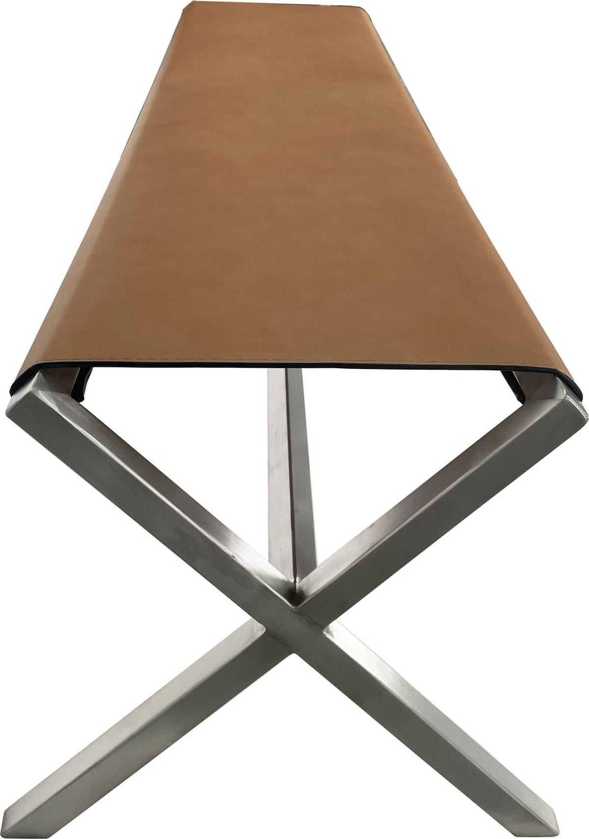 One - Modern Coastal Director's Style Leather Bench - Cognac And Brushed Stainless Steel