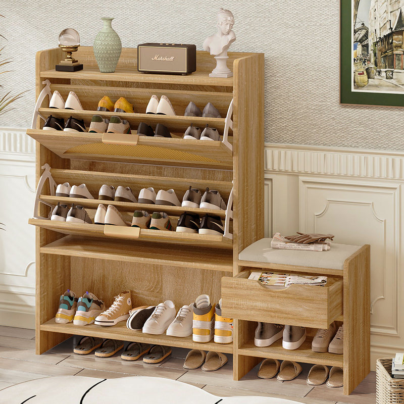 Shoe Storage Cabinet Rattan Shoe Storage Organizer With 2 Flip Drawers, A Storage Drawer And A Bench For Entryway, And Hallway - Light Brown