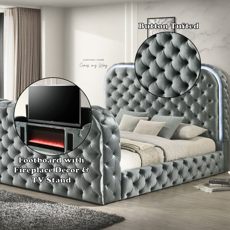 Kana - Bed With LED, Fireplace & TV Stand