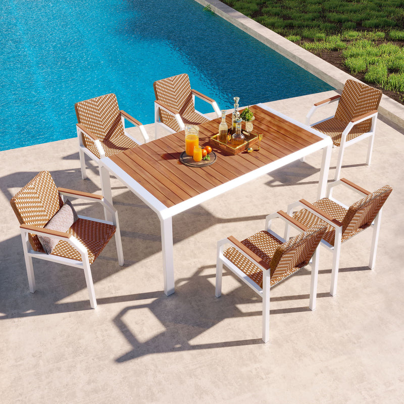 7 Piece Patio Dining Table Set, Outdoor Wicker Furniture (Set of 6) Chairs, 2 Tone Weave Rattan, Acacia Wood Tabletop, Outdoor Dining Set For Backyard And Garden - Brown