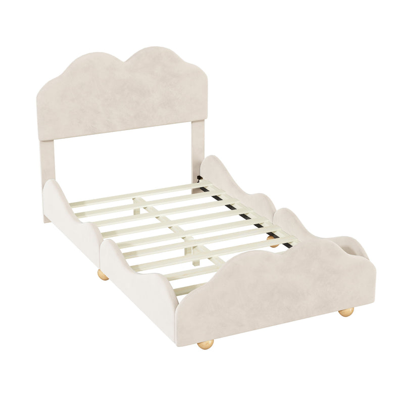 Twin Size Upholstered Platform Bed With Cloud Shaped Board - Beige