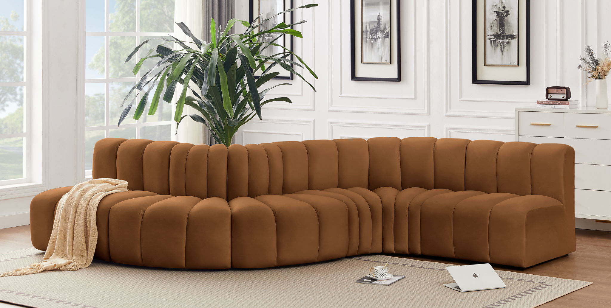 Arc - Velvet 6 Piece Curved Modular Sofa - Saddle
