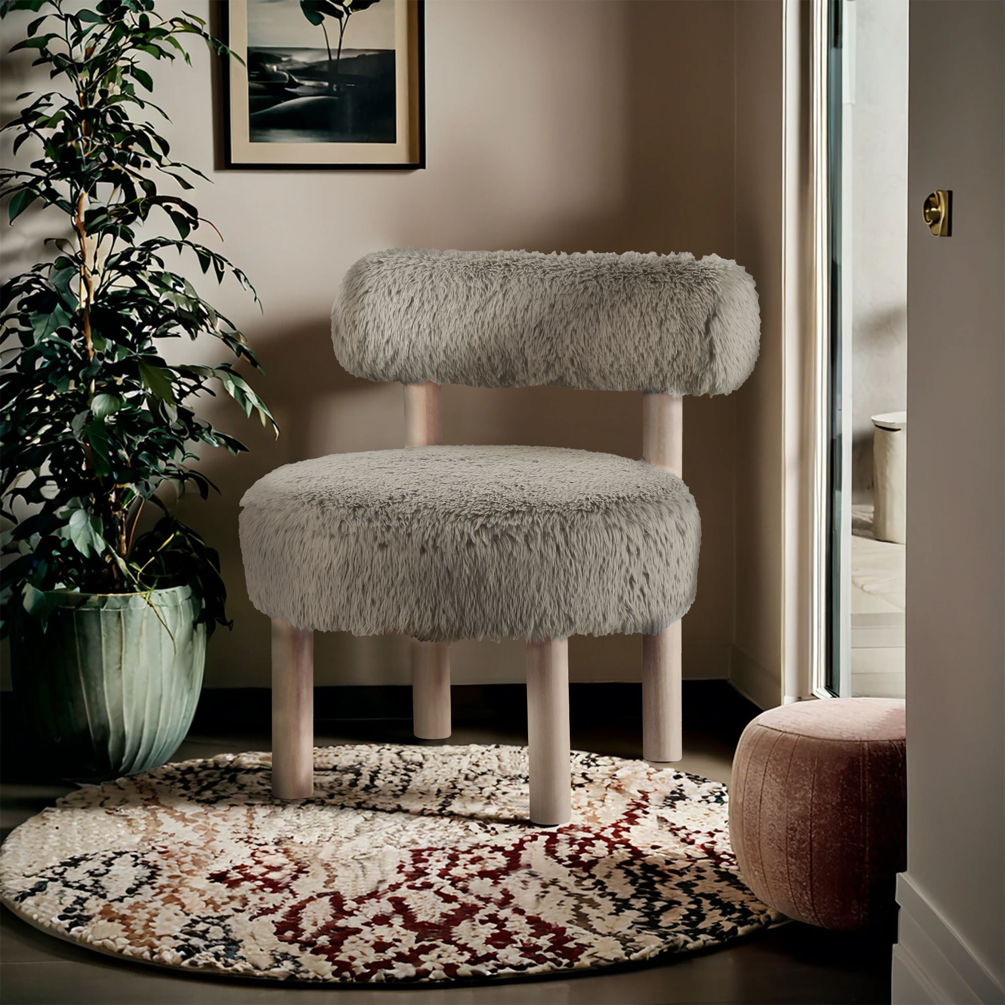 Ambre - Vegan Shearling Fabric Accent Chair - Taupe