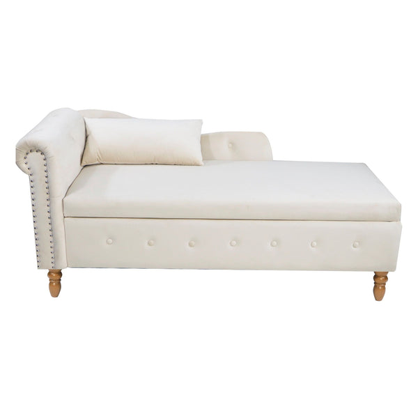 Chaise Lounge Indoor, Velvet Lounge Chair For Bedroom With Storage & Pillow, Modern Upholstered Rolled Arm Chase Lounge For Sleeping With Nailhead Trim For Living Room Bedroom Office