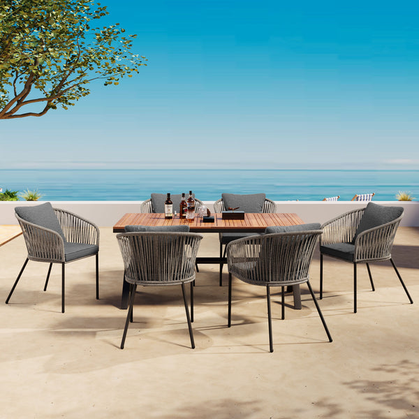 7 Pieces Patio Dining Set, All-Weather Outdoor Furniture Set With Dining Table And Chairs, Acacia Wood Tabletop, Metal Frame, For For Garden, Backyard, Balcony - Gray