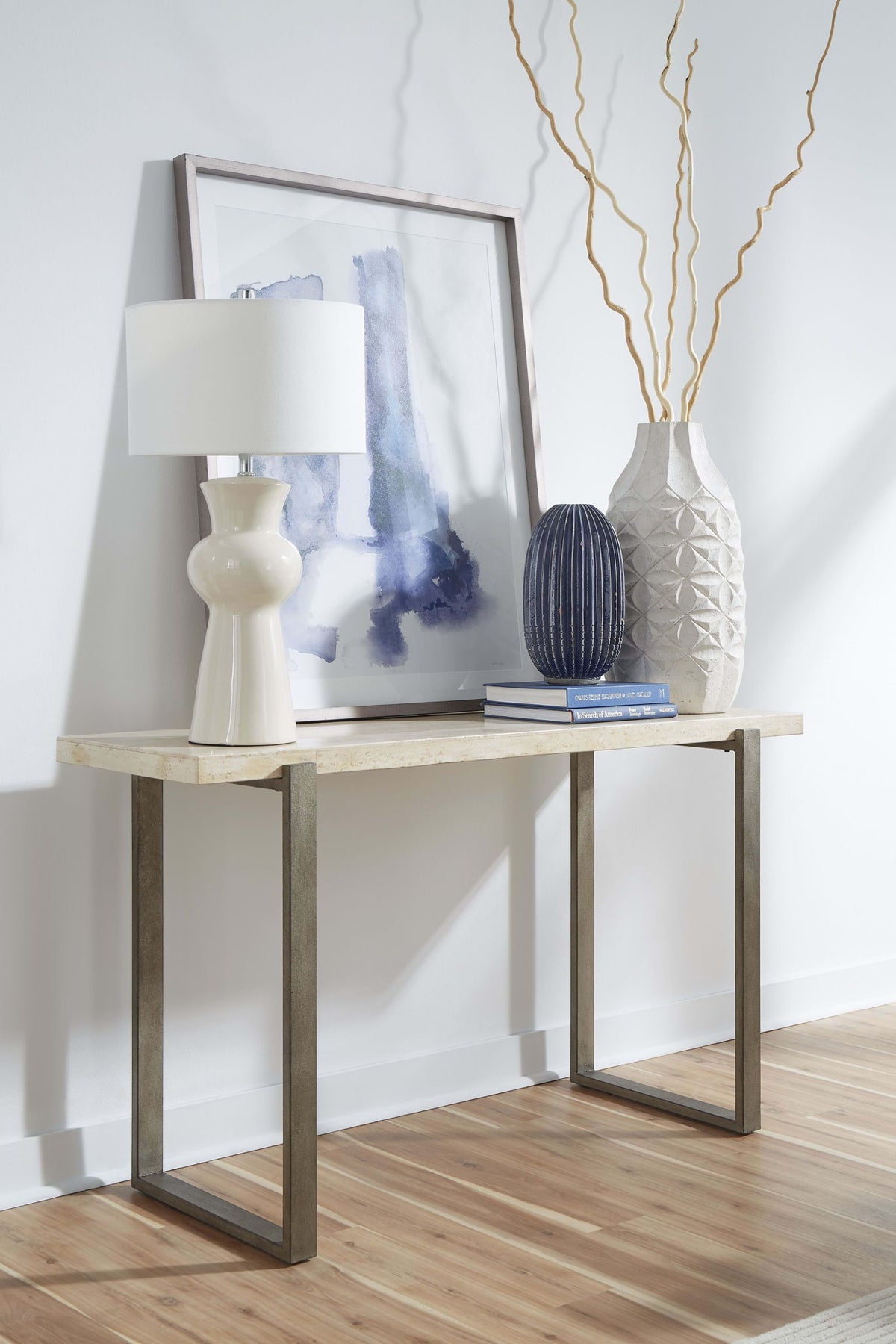 Ariela - Natural Travertine Table With Bronze Metal Base
