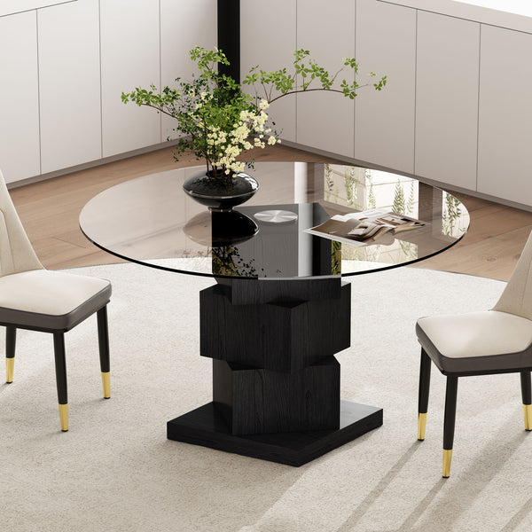 Wood Pedestal Round Dining Table Tempered Glass Top - Black