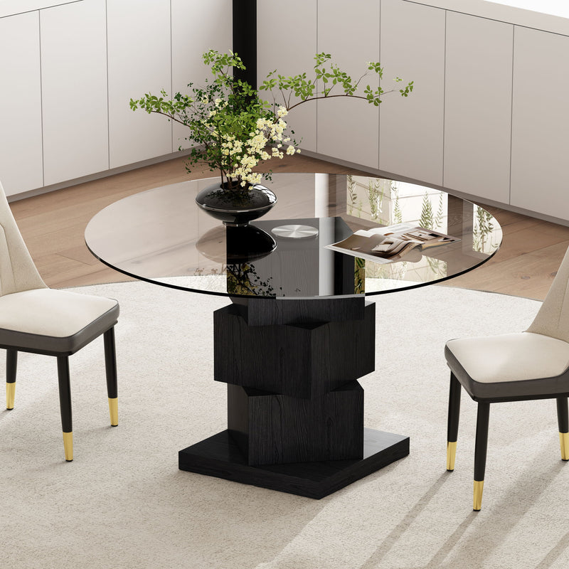 Wood Pedestal Round Dining Table Tempered Glass Top - Black