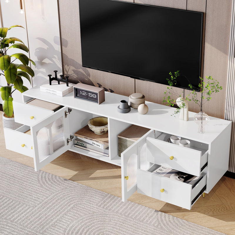 Modern TV Stand With Glass Door, 4 Drawers And 2 Cabinets