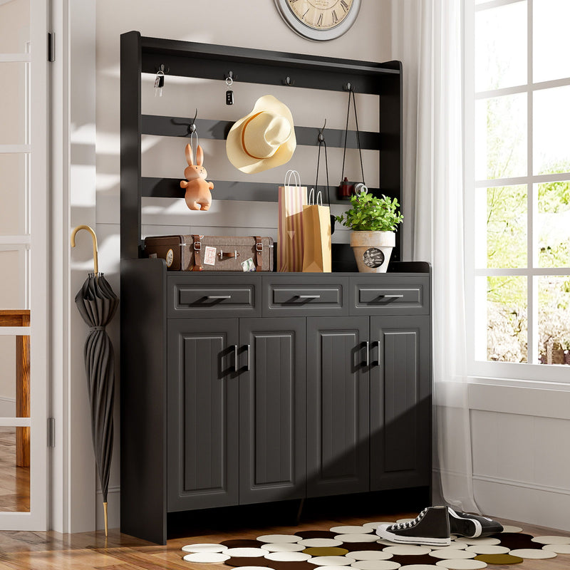Minimalist 4 Door Shoe Cabinet With Coat Rack, 3 Drawers, 8 Shelves, Metal Hooks And Handles