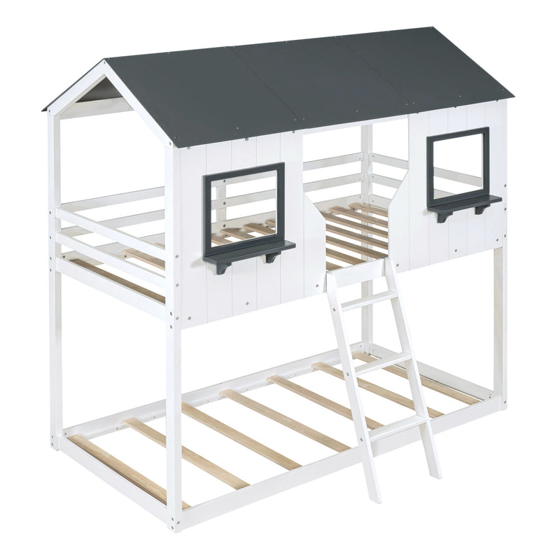 Twin Over Twin Bunk Bed Bed With Roof, Window, Guardrail, Ladder - White