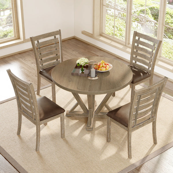 5 Pieces Table Set Round Dining Table Solid Wood Modern Farmhouse Rustic Look Distressed Look - Grayish Brown