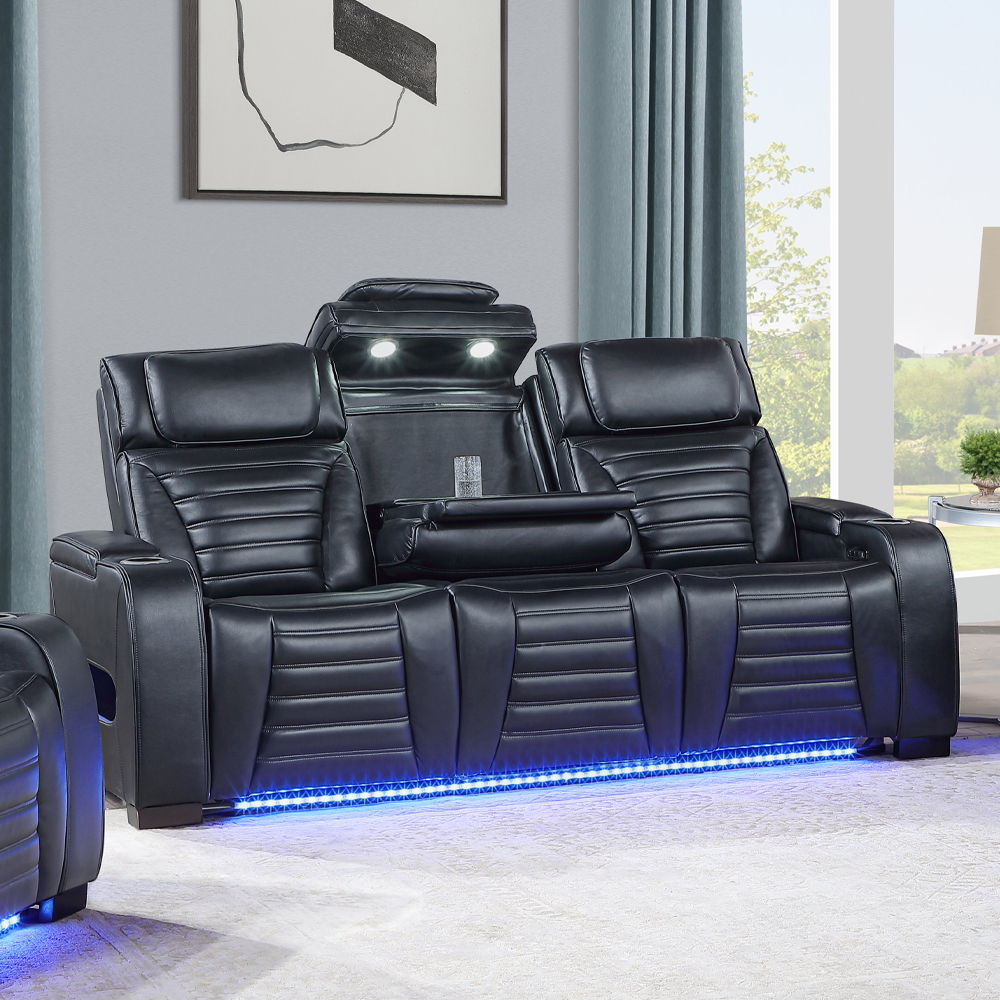 Ephron - Power Motion Sofa With Dropdown Table, Wireless Charging, Reading Light, Power Headrests & LED - Black