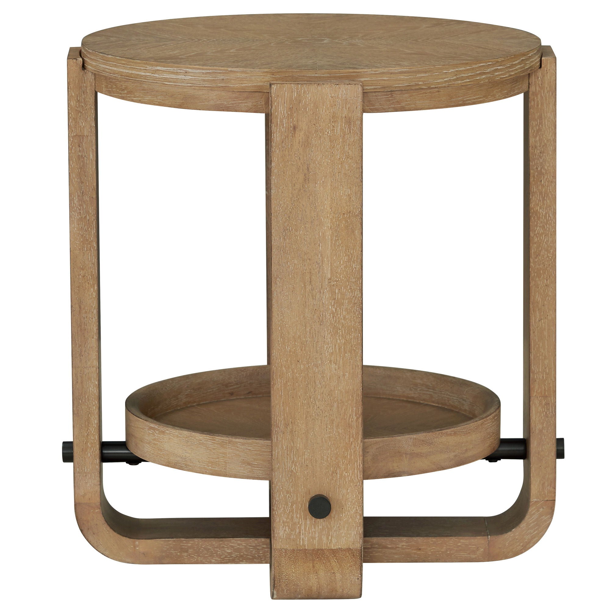 Escape - Round End Table With Shelf - Glazed Natural Oak / Black Metal Trim