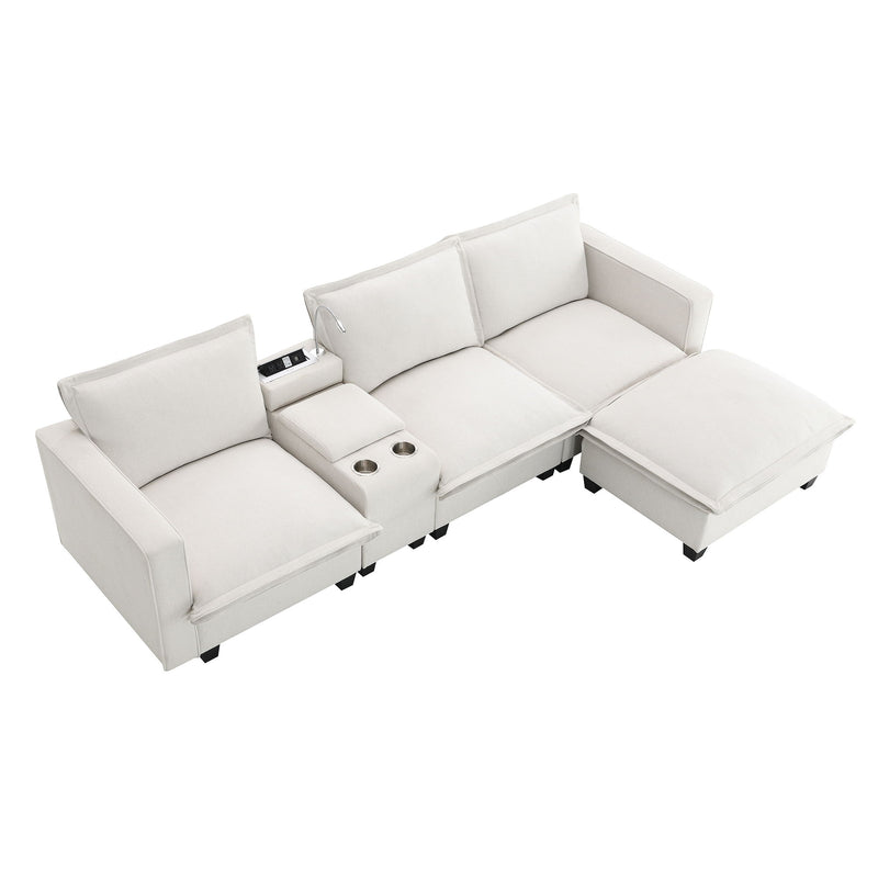 Modern Sectional Cloud Sofa With Console USB Charger Reading Light Cup Holder, Wide Seat 4 Seat Modular Couch Storable Indoor Funiture