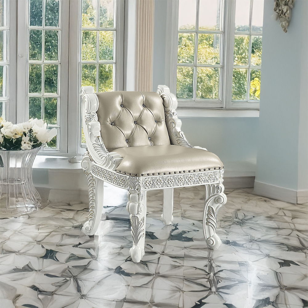 Vanaheim - Vanity Stool - Beige Synthetic Leather & Antique White - Urban Living Furniture (Los Angeles, CA)