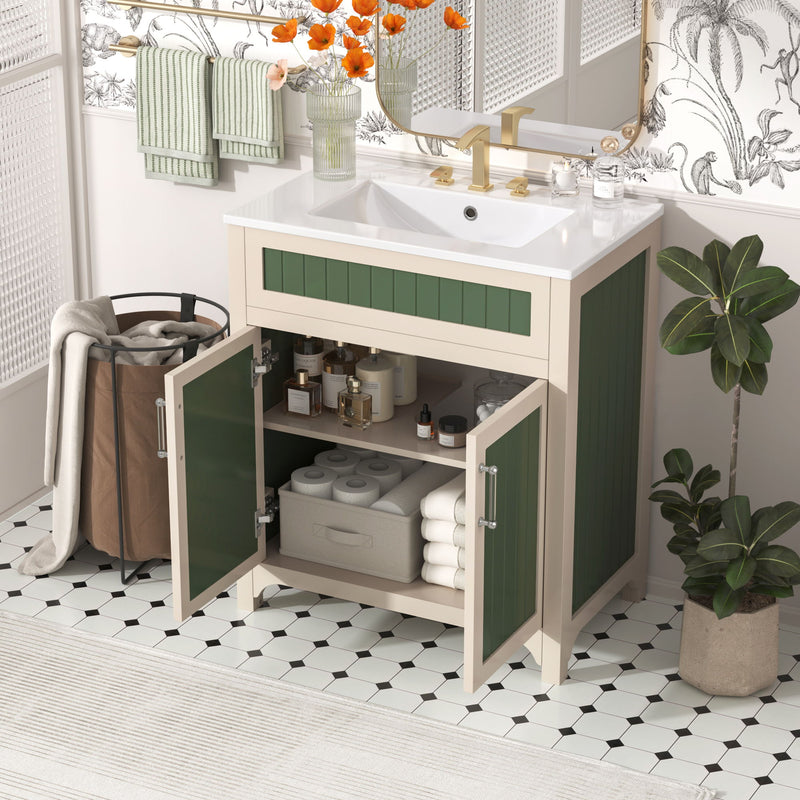 Bathroom Vanity Cabinet With Ceramic Sink Combo Set, Frame Modern Bathroom Storage Cabinet With Height Adjustable Shelf - Beige / Green