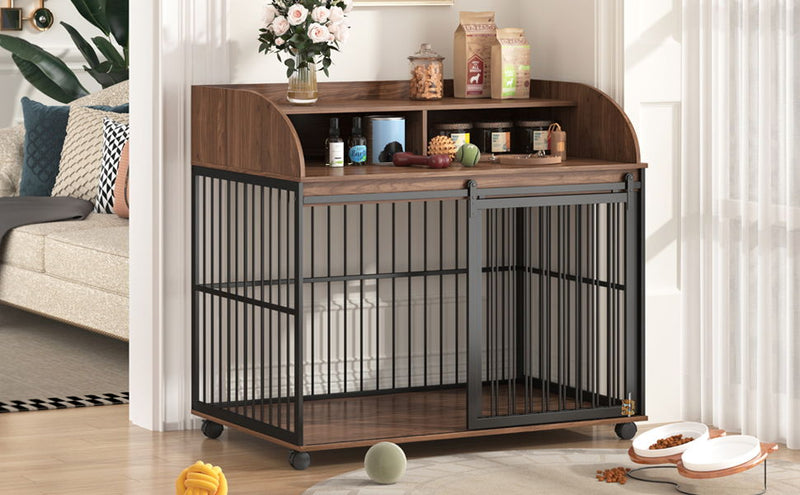 Heavy Duty Dog Crate Furniture For Medium Dog With Lockable Wheels, Wooden Dog Crate Dog Kennel, End Table Crate With Double Layer Storage