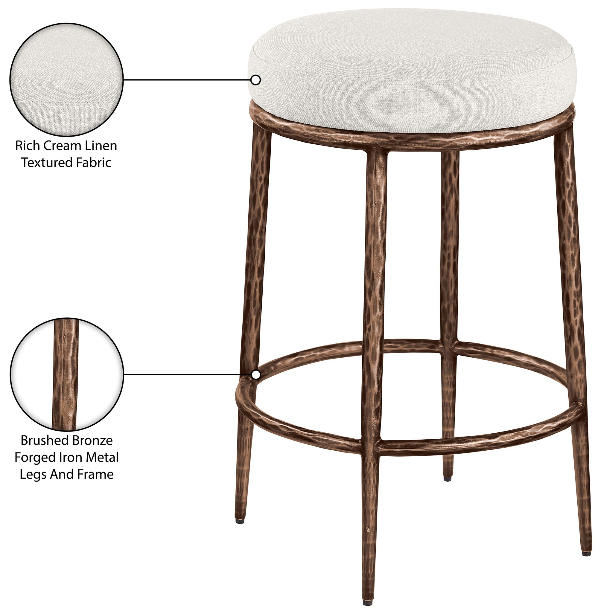 Ferro - Linen Textured Performance Fabric Upholstered Backless Counter Stool - Cream / Brushed Bronze