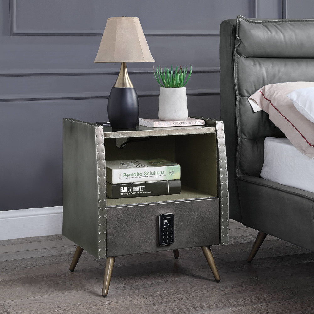 Doris - Nightstand With USB & Electric Lock - Gray Top Grain Leather & Aluminum - Urban Living Furniture (Los Angeles, CA)
