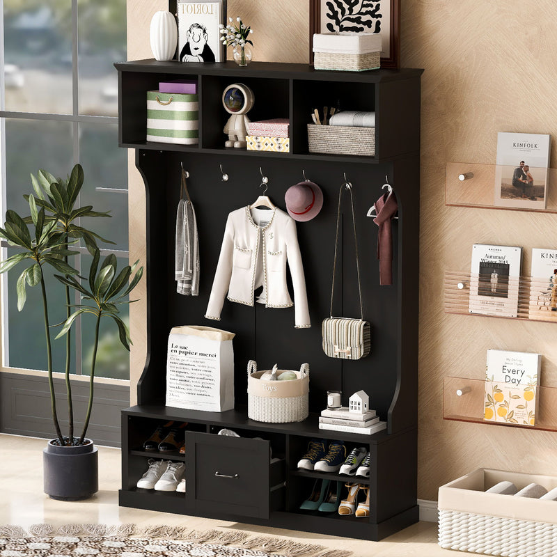 Hall Tree With 6 Hooks, Coat Hanger, Entryway Bench