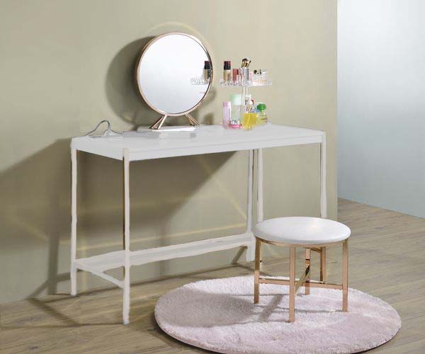 Midriaks - Mirror & Stool - Synthetic Leather , White & Gold - Urban Living Furniture (Los Angeles, CA)