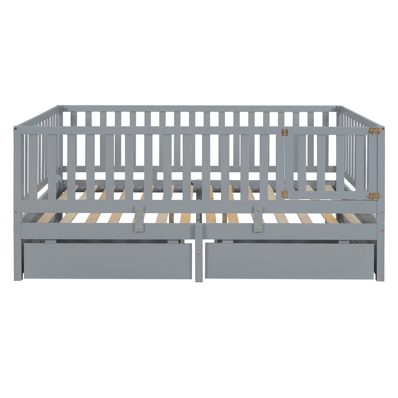 Daybed With Fence Guardrails And 2 Drawers, Split Into Independent Floor Bed & Daybed