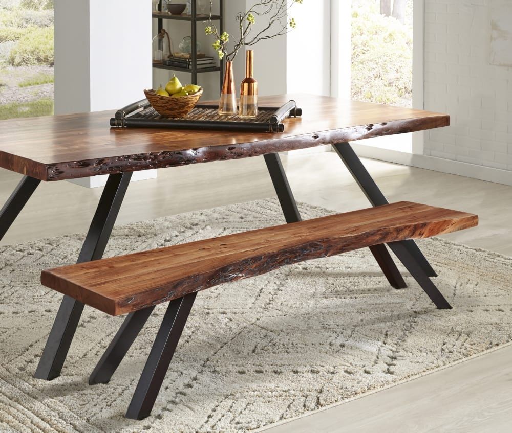 Reese - Live Edge Solid Wood Metal Leg Dining Bench - Natural Acacia