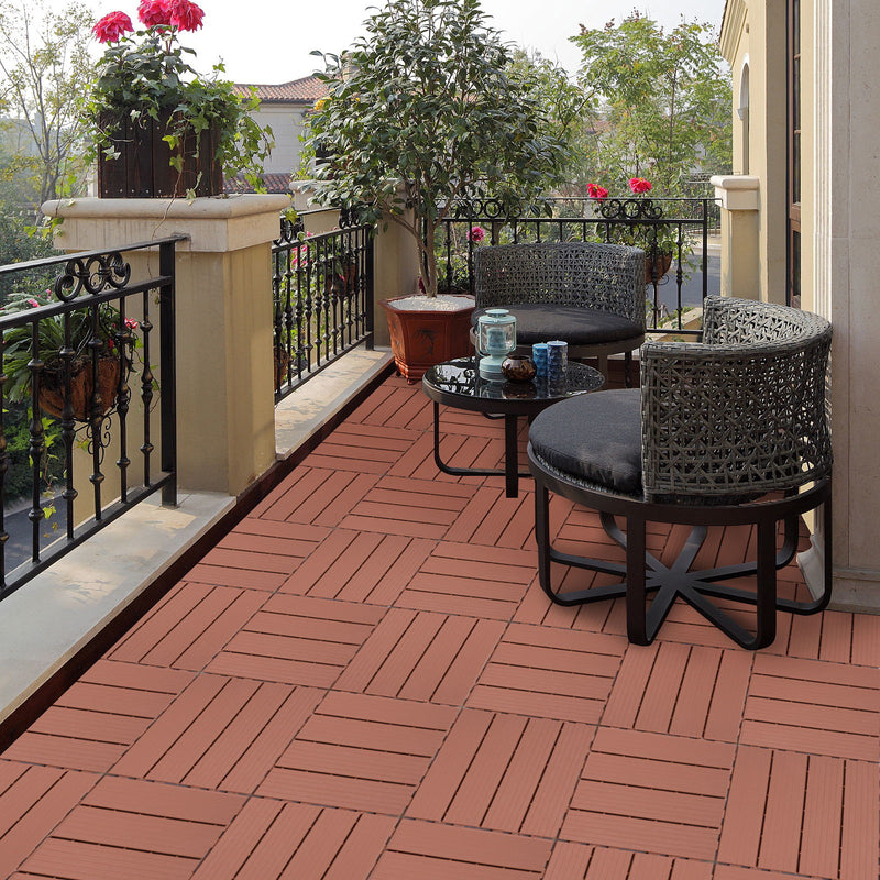 Plastic Interlocking Deck Tiles, Patio Flooring Outdoor Waterproof All Weather Use For Garden Poolside Front / Back Yard (Set of 44) - Mahogany