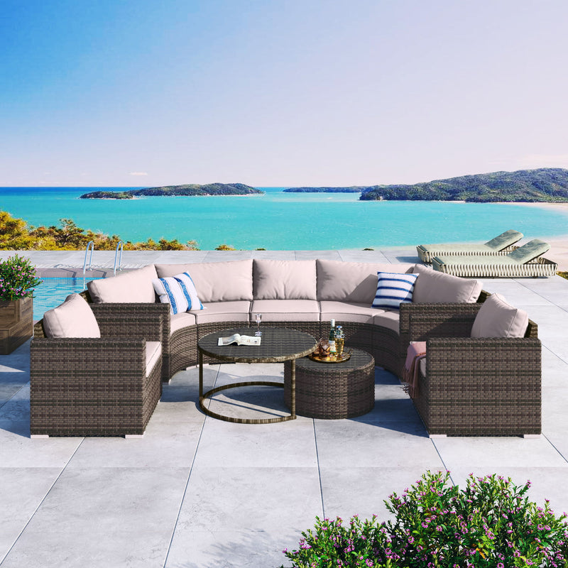 9 Pieces Outdoor Half-Moon Patio Sofa Set, Round Sofa Set, Modern Style Sofa - Brown / Beige