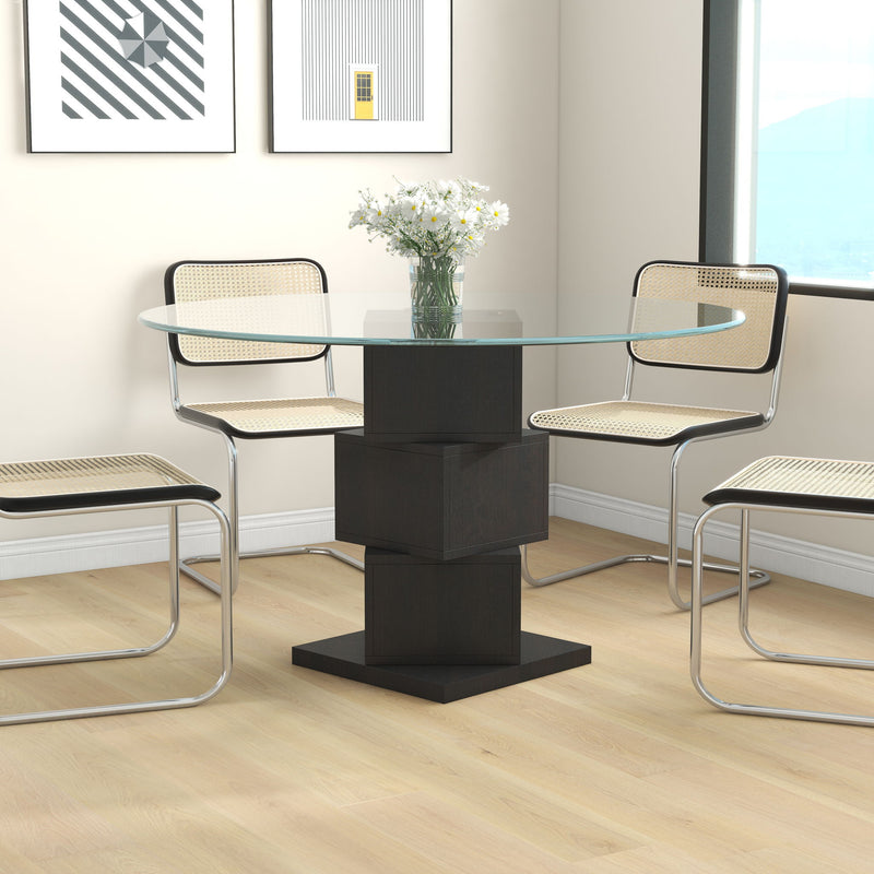 Wood Pedestal Round Dining Table Tempered Glass Top - Black