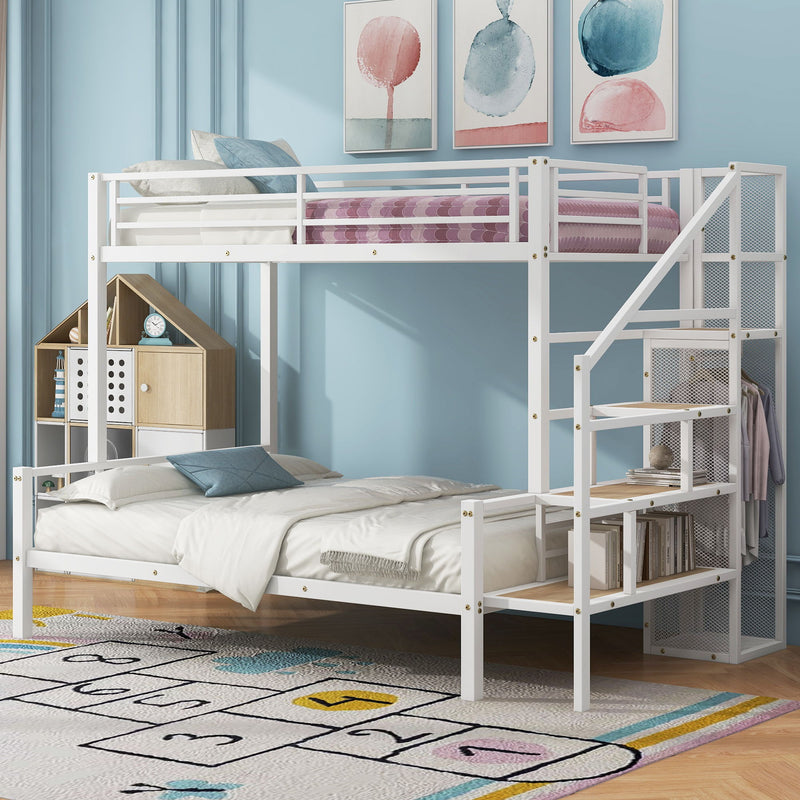 Twin Over Full Size Metal Bunk Bed With Storage Staircase And Open Wardrobe - White
