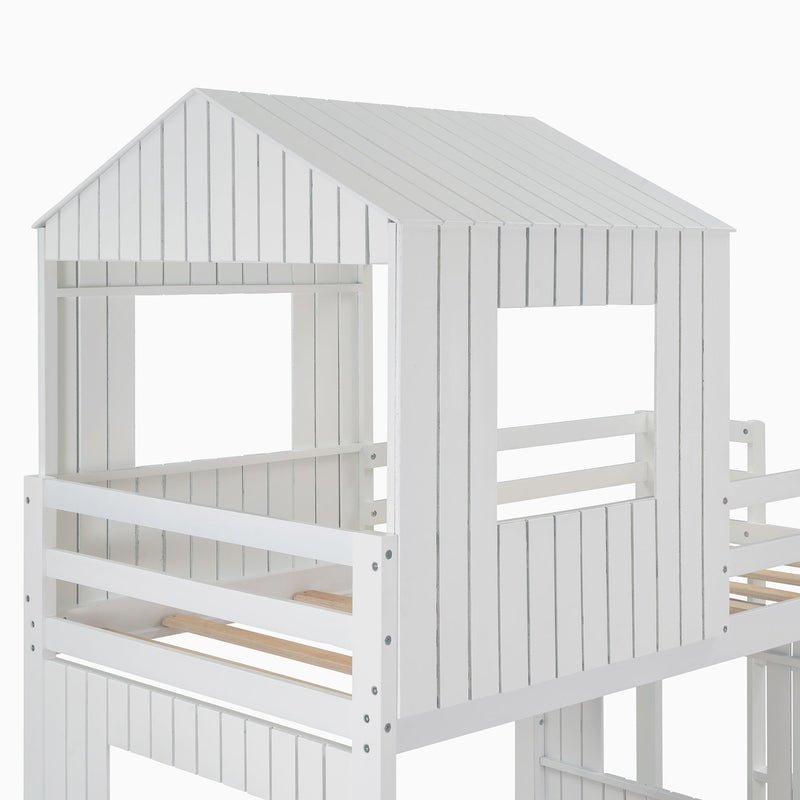 Twin Over Full Bunk Bed, With Playhouse, Farmhouse, Ladder And Guardrails - White