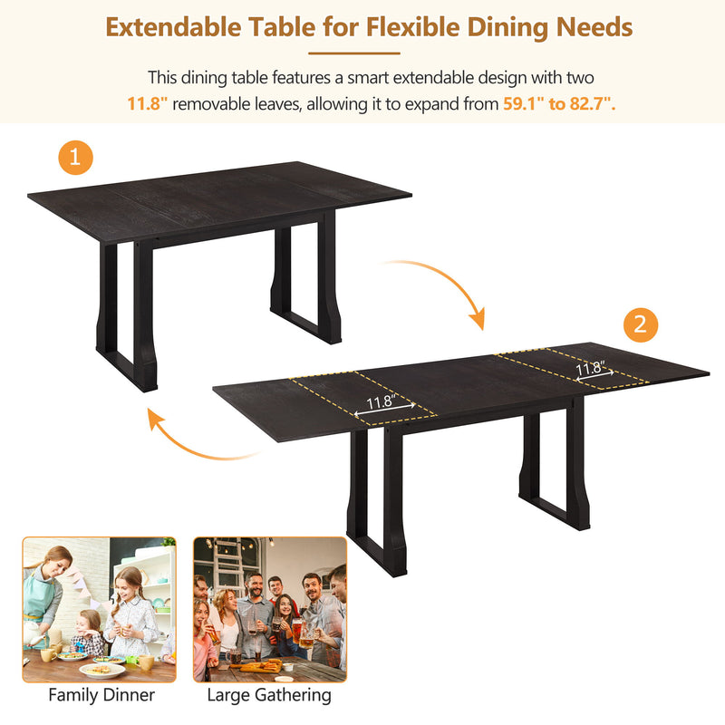 6 Piece Extendable Dining Table Set With 4 Wicker Back Upholstered Dining Chairs And Long Bench, 2 Removable Leaf
