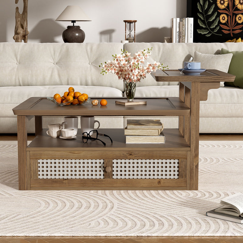 Coffee Table With 1 Storage Shelf, 2 Tabletops And 1 Rattan Drawer