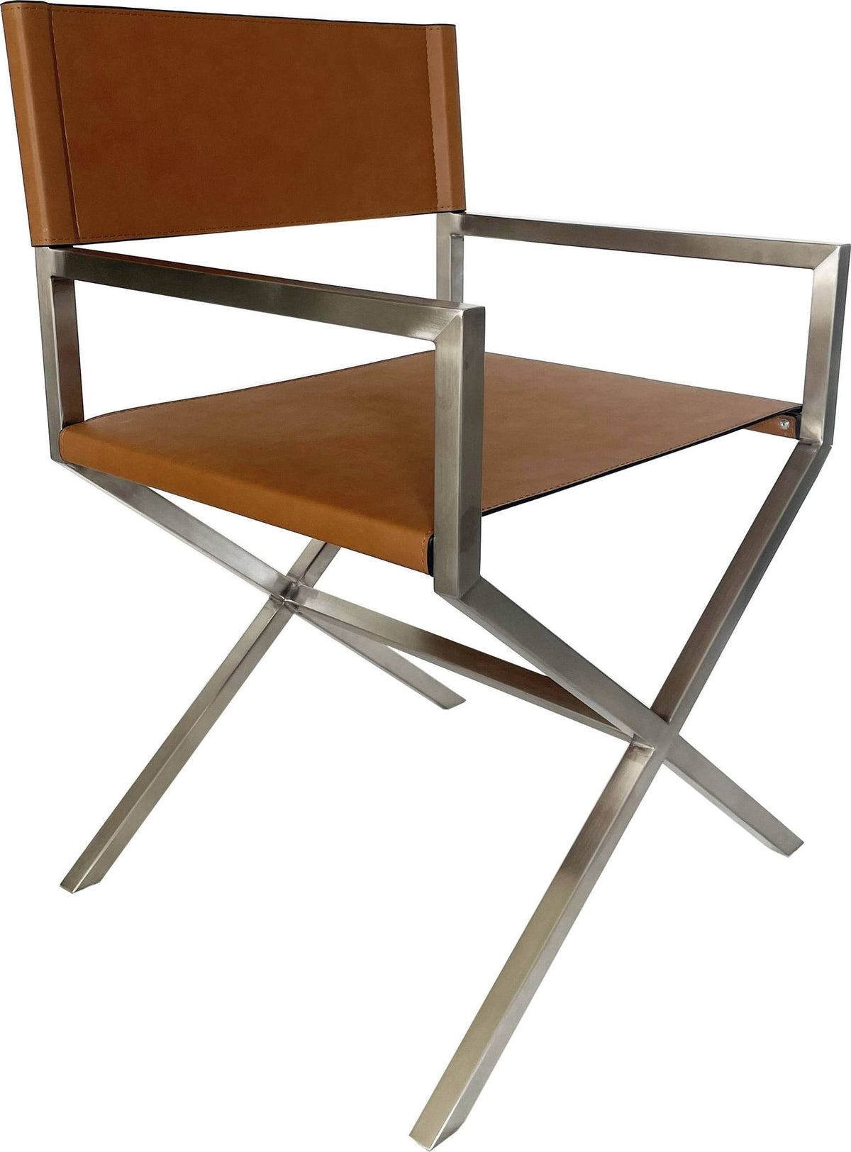 One - Modern Coastal Director's Dining Arm Chair (Set of 2) - Cognac And Brushed Stainless Steel