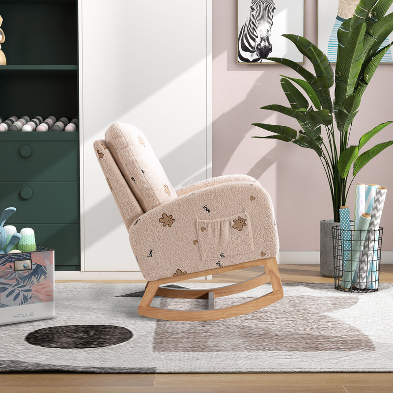 Modern Accent Rocker Armchair With Side Pocket, Upholstered High Back