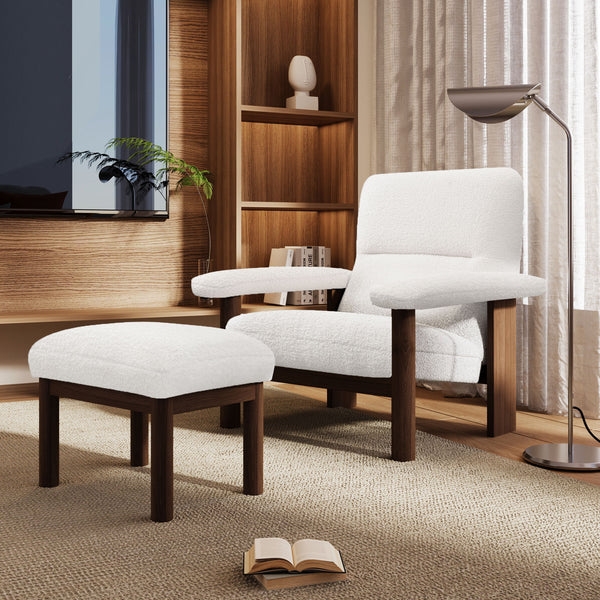 Modern Accent Chair With Ottoman, Mid Century Lounge Chair With Footrest, Comfy Fabric Armchair Upholstered Set With Solid Wood Frame For Living Room - White