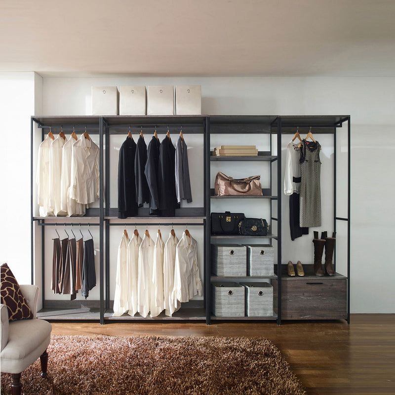Monica - Wood Walk In Closet System Melamine 143" Modular Storage - Rustic