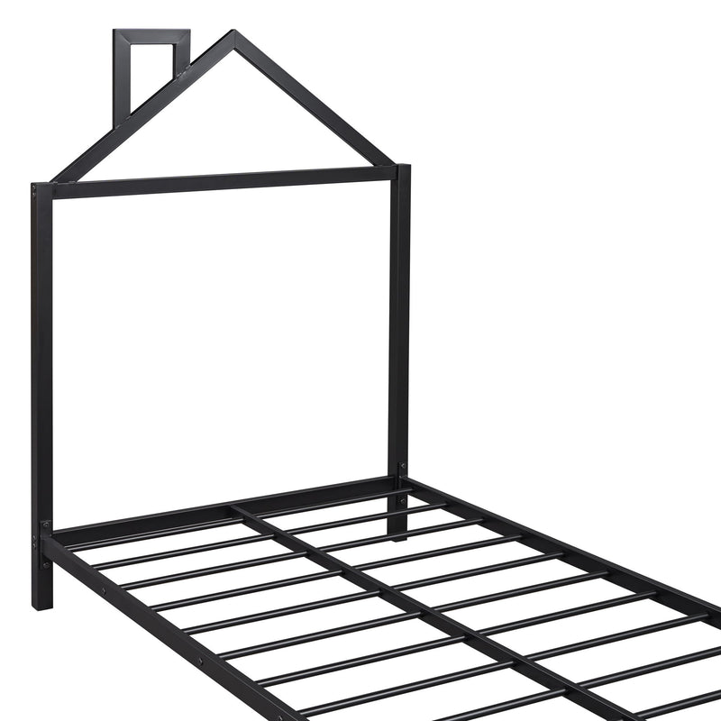 Metal Platform Bed With House-Shaped Headboard Design