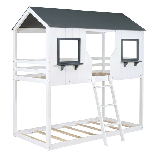 Twin Over Twin Bunk Bed Bed With Roof, Window, Guardrail, Ladder - White