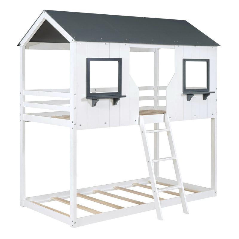 Twin Over Twin Bunk Bed Bed With Roof, Window, Guardrail, Ladder - White