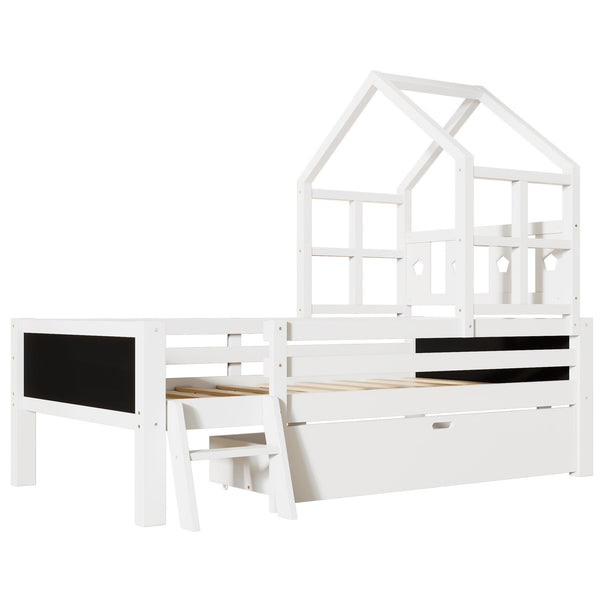 House Bed With Ladder And Storage Drawers Platform With Blackboard, No Box Spring