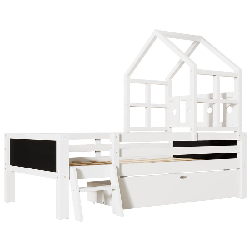 House Bed With Ladder And Storage Drawers Platform With Blackboard, No Box Spring