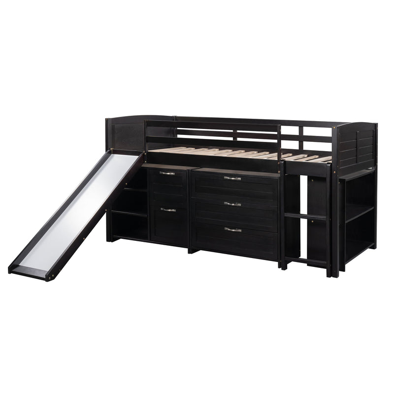 Loft Low Bed With Cabinets, Shelves And Slide