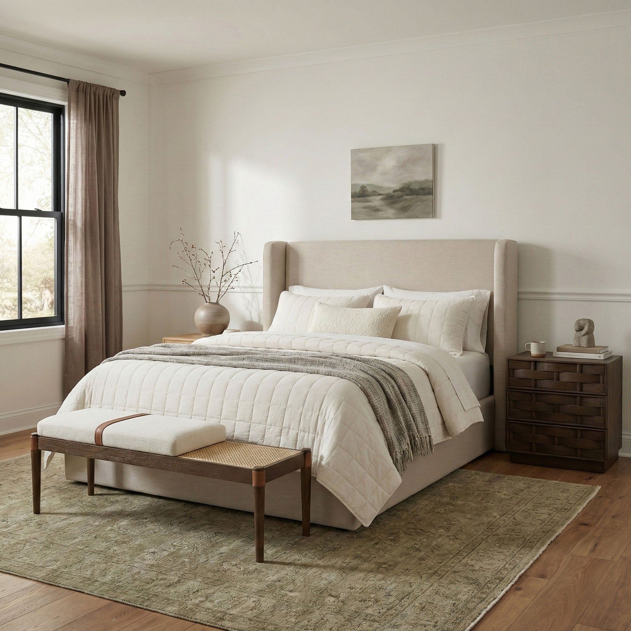 Nara - Linen Textured Fabric Upholstered Bench - Painted Brown Walnut - Urban Living Furniture (Los Angeles, CA)